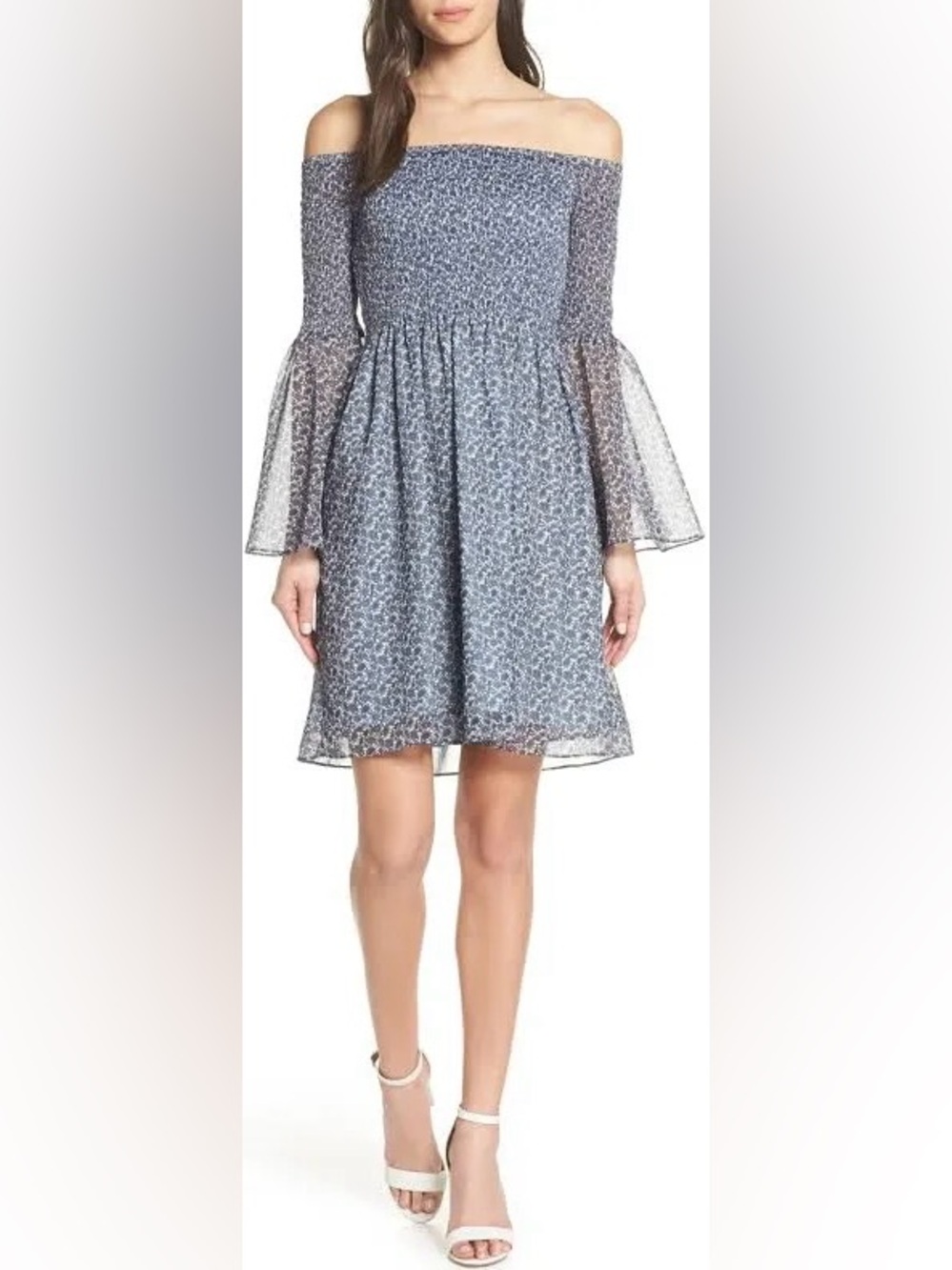 Sam Edelman Ditsy Print Dress Smocked Square Neck Blue Floral Dress